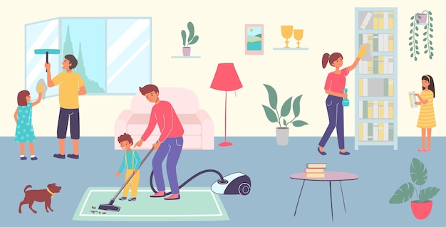 Friendly cheerful family together clean room house