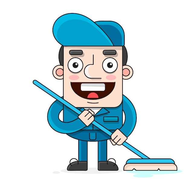 Friendly Cleaner Dressed In Work Clothes, He Has A Mop Illustration