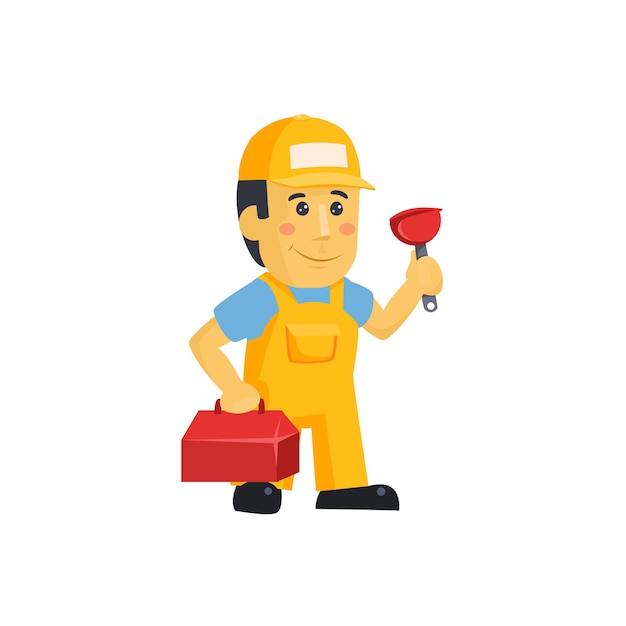 Friendly construction worker man with tools, vector illustration