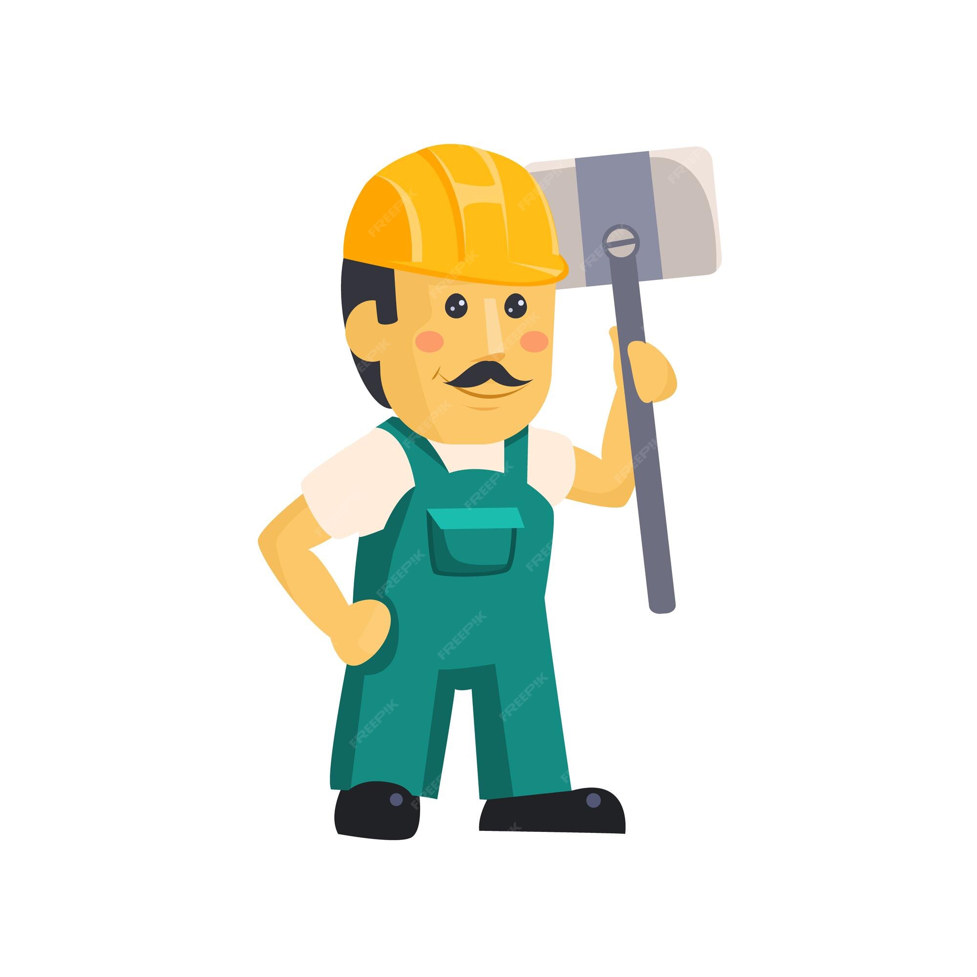 Vector cartoon man builder with a sledgehammer Stock Vector Image