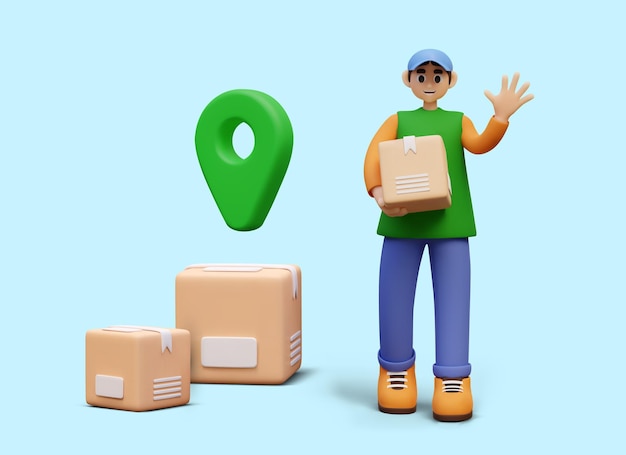 Vector friendly courier in uniform holding box and saying hello holding big parcel