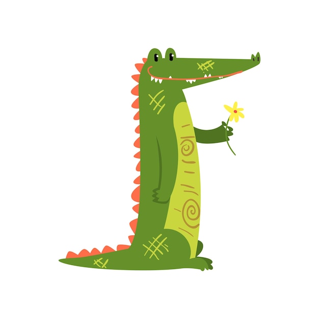 Friendly crocodile standing with flower funny predator cartoon character vector illustration on a