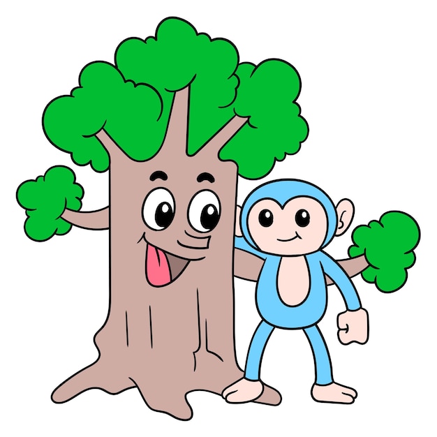 L'albero lussureggiante dalla faccia amichevole fa amicizia con le simpatiche scimmie nella foresta, illustrazione vettoriale. scarabocchiare icona immagine kawaii.