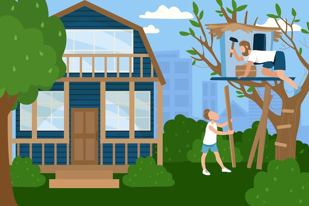 Friendly family character father with son together spend time build tree house, country home flat vector illustration, people hobby. Concept male hold hammer construct wooden cottage.
