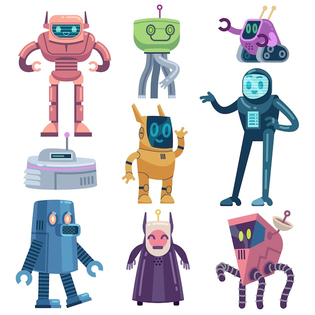 Vector friendly futuristic devices cartoon electric and mechanical machine characters