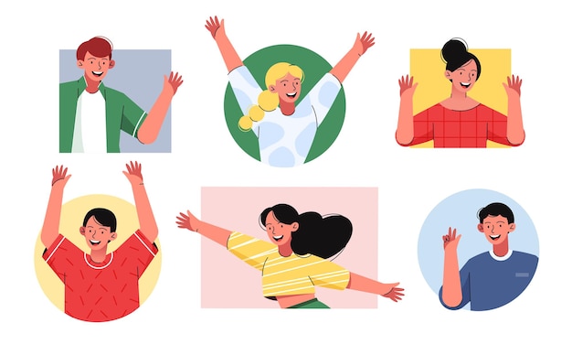 Friendly happy people flat   illustration set. Men and women waving their hands and smiling. Cartoon  male and female portraits collection.