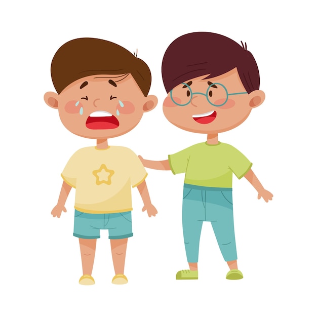 Vector friendly little boy comforting his crying friend vector illustration