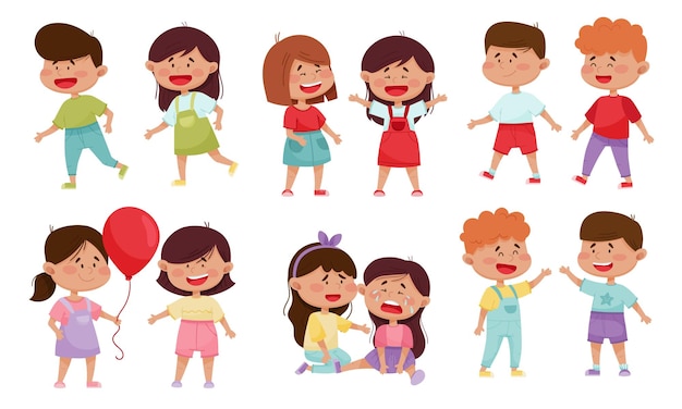 Friendly Little Kids Sharing Toys and Socializing with Each Other Vector Illustrations Set