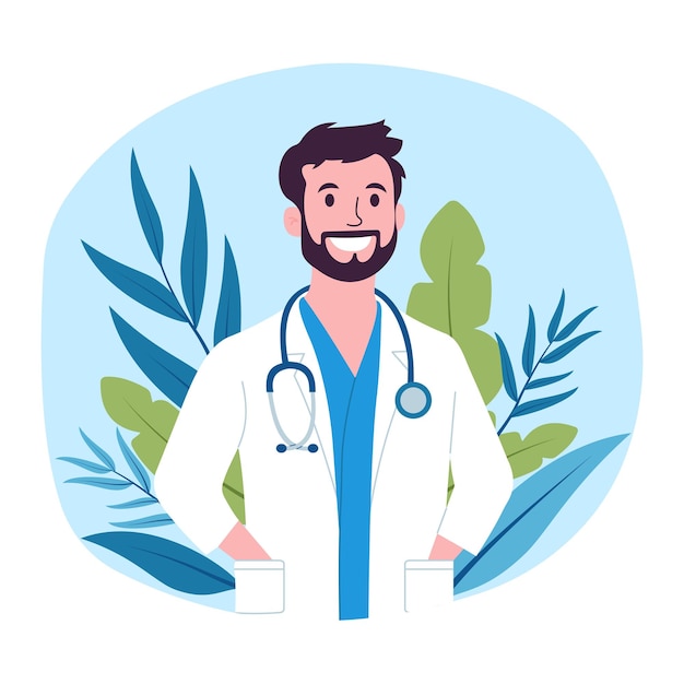 Friendly Male Doctor Cartoon Character with Floral Plant Decoration