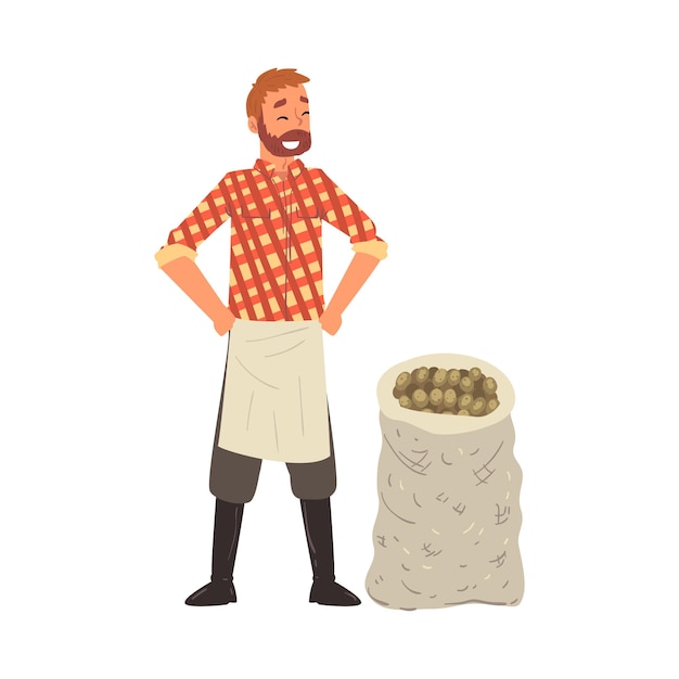 Vector friendly male farmer selling fresh organic potato at marketplace vector illustration