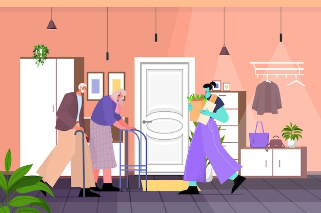 Friendly nurse or volunteer bringing food to senior couple home care services healthcare and social support concept living room interior horizontal full length vector illustration