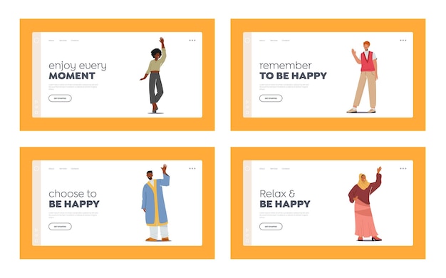 Friendly People Landing Page Template Set. Multinational People Waving Hands, Happy Male and Female Characters