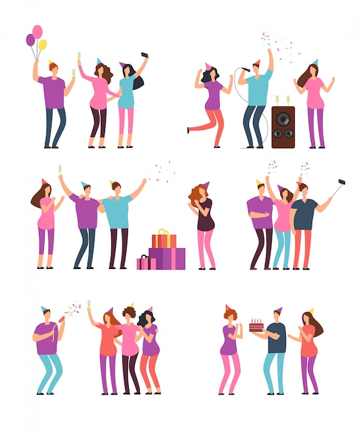 Vector friendly people men, women dancing, singing and having fun at party. friends celebrating birthday. vector cartoon characters isolated