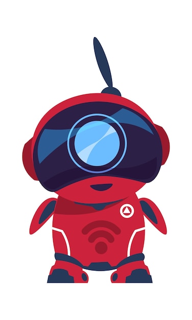 Дружелюбный персонаж-робот красный андроид с антенной умный игрушечный мультяшный электронный талисман шаблон цифрового помощника для поддержки веб-сайта технологические инновации рекламные векторные иллюстрации