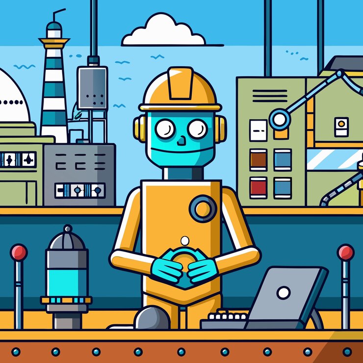 Vector a friendly robot operates machinery in a factory setting