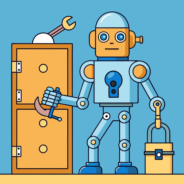 Vector a friendly robot uses tools to repair a cabinet