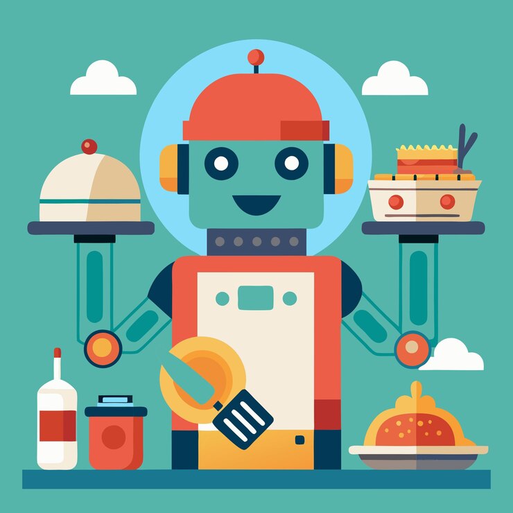Vector a friendly robot waiter serves delicious food