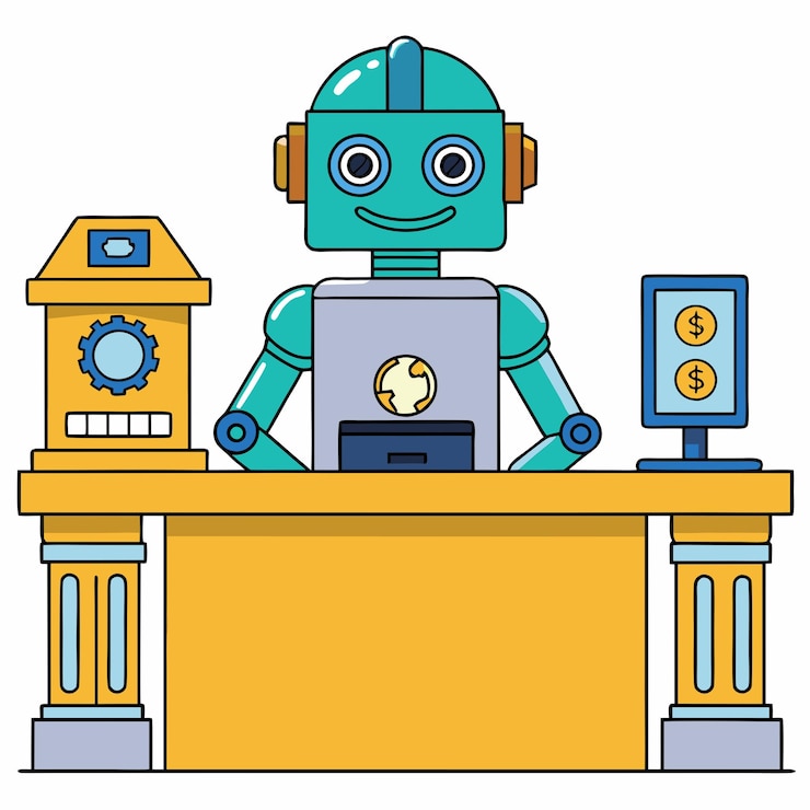 Vector a friendly robot works at the bank