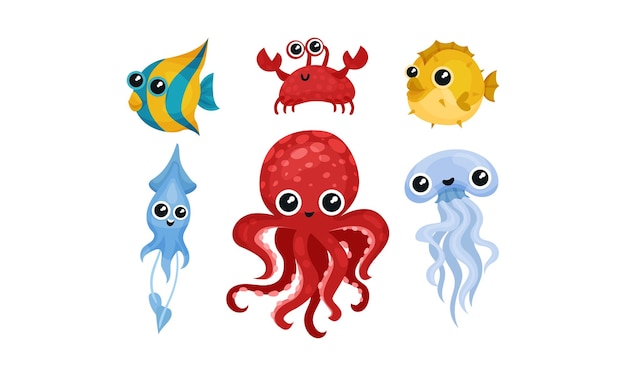 Vector friendly sea animals vector set for kids illustrated book aquatic childish creatures collection