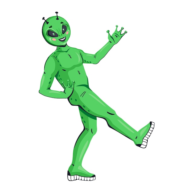 Friendly smiling alien green humanoid cartoon vector illustration isolated