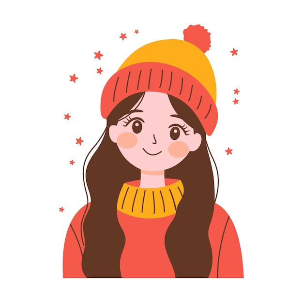 friendly smiling cute beautiful girl cartoon character wearing hat and warm clothes