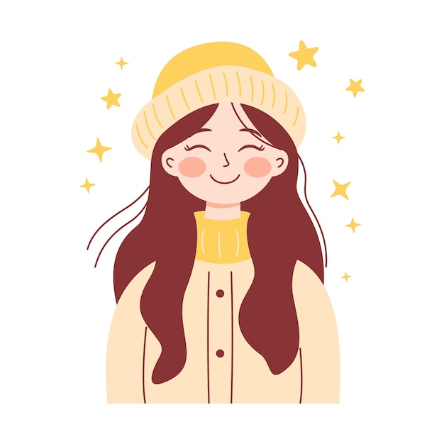 friendly smiling cute beautiful girl cartoon character wearing hat and warm clothes
