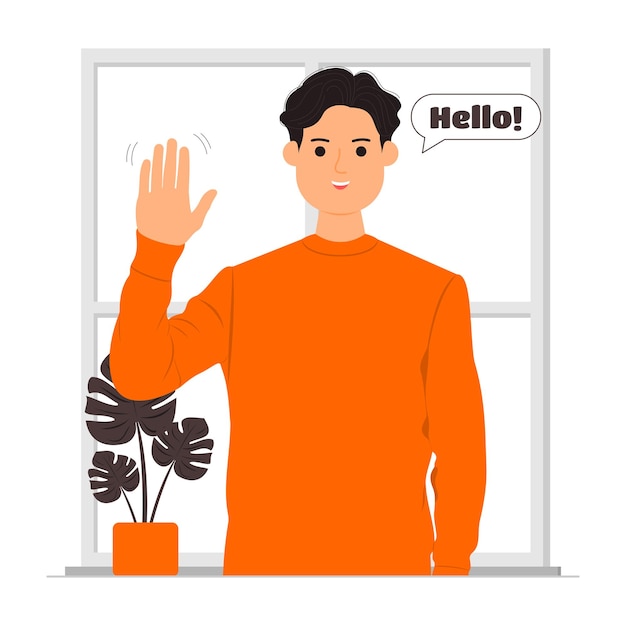 Vector friendly smiling man waving hand saying hello illustration