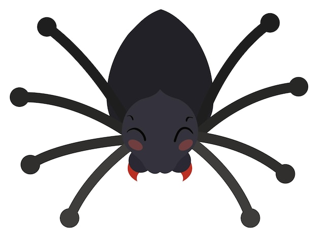 Friendly spider with dark body and closed eyes in flat style isolated over white background