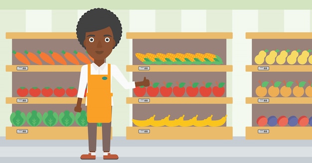 Friendly supermarket worker vector illustration.