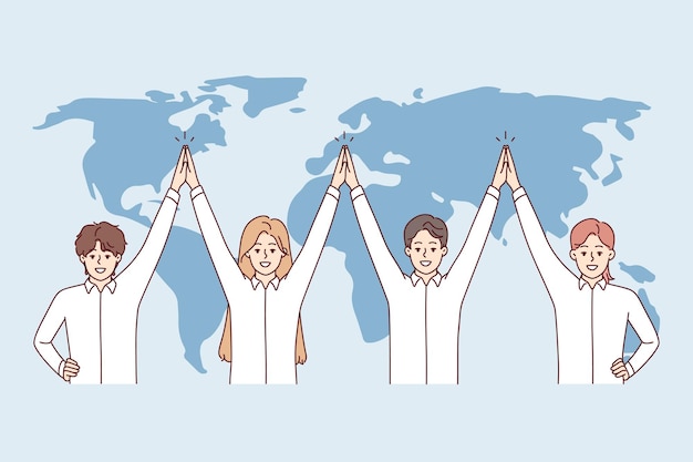 Friendly team of international company is standing near world map with their hands up Vector image