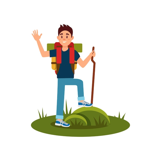 Friendly tourist waving hand Young guy with wooden stick and backpack Hiker standing on grass Outdoor activity Flat vector design