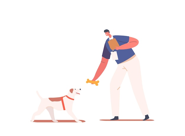 Friendly Volunteer Feeding Dog In Animal Shelter Or Pound Young Man Giving Bone To Homeless Puppy Cartoon Illustration