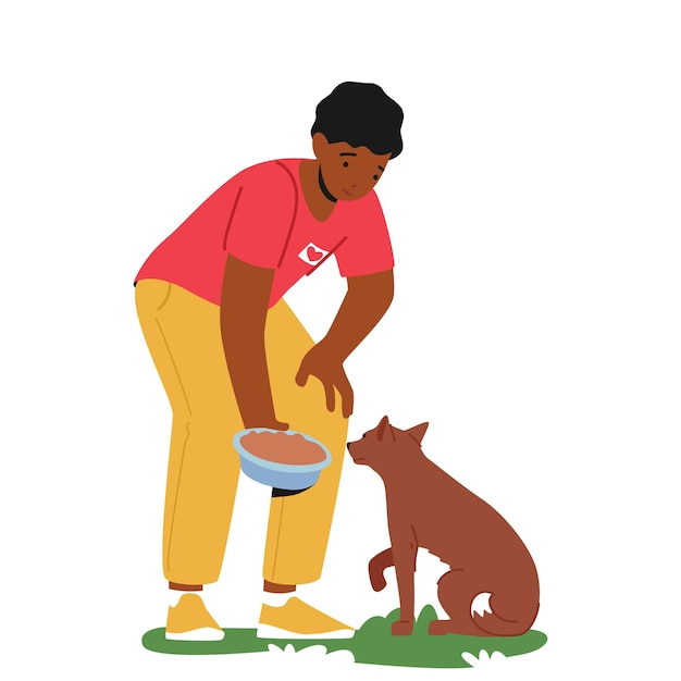 Friendly volunteer feeding dog in animal shelter or pound young man giving food to homeless puppy character with bowl