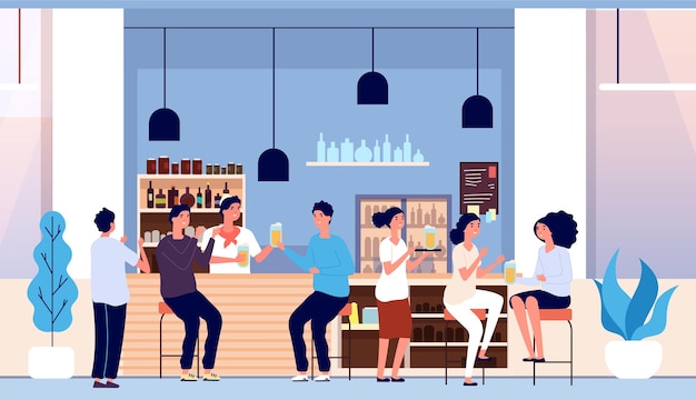 Vector friends in beer bar. flat people with glasses, waiter and happy man woman. cafe interior, guys drinking alcohol. group of adults on friday evening or party vector illustration. alcohol beer pub