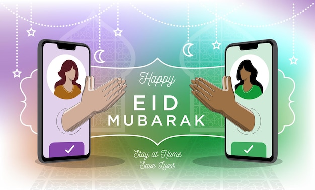 Gli amici si benedicono l'un l'altro eid mubarak utilizzando la comunicazione online di videochiamate sul cellulare