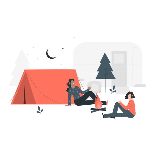 Friends camping around a bonfire at night