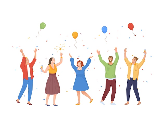 Amici che celebrano l'evento persone che ballano e brindano celebrano la festa con palloncini coriandoli applausi congratulazioni illustrazione vettoriale