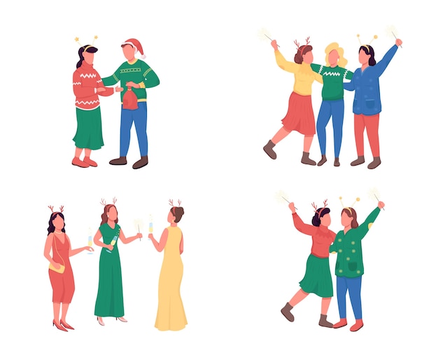 Friends on Christmas party flat color faceless character set. Luxury party. Festive holiday celebration isolated cartoon illustration for web graphic design and animation collection