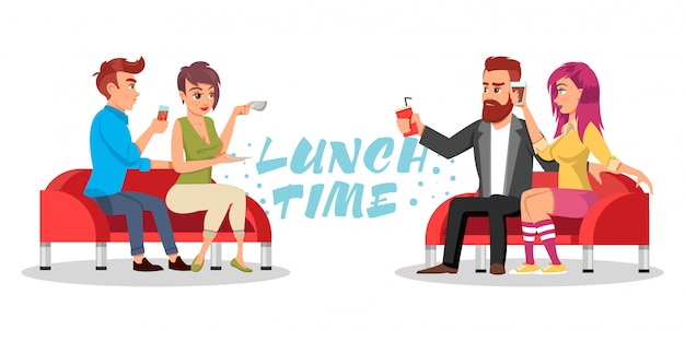 Friends or colleagues sitting at table with drinks and pizza. lettering Lunch time.