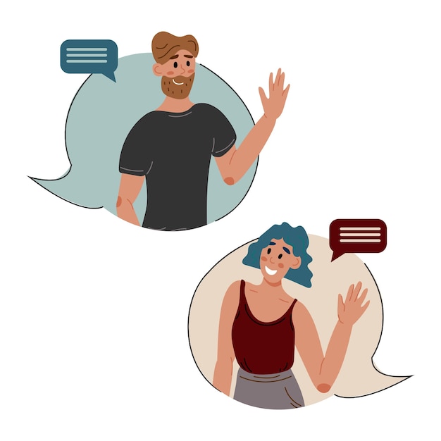 Friends communicate via messages on social networks A man and a woman communicate via video link The concept of online communication Illustration of characters in the flat style