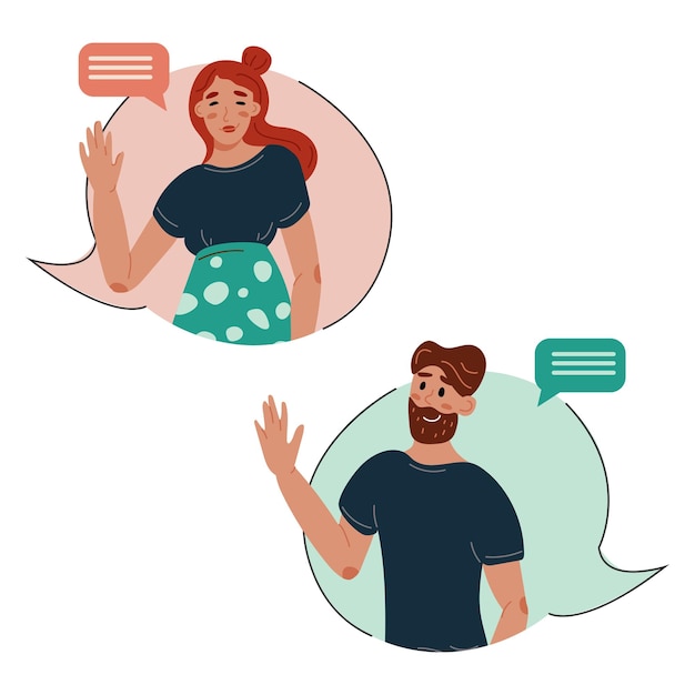 Друзья общаются через сообщения в социальных сетях Мужчина и женщина общаются по видеосвязи Концепция онлайн-общения Иллюстрация персонажей в плоском стиле