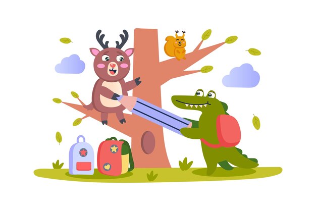 Vector friends concept with character scene in flat cartoon design a little deer and a cute crocodile