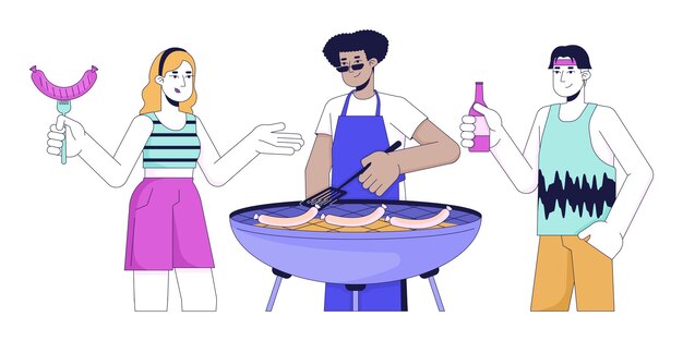 Vettore amici che cucinano barbecue personaggi di cartoni animati lineari 2d