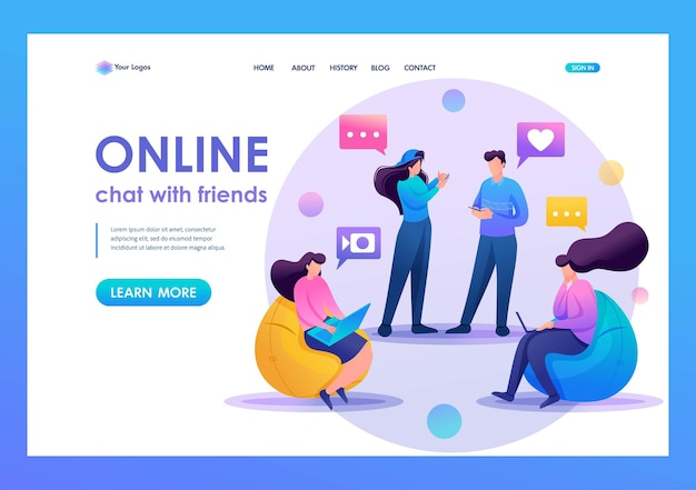 Friends correspond online chat share news and impressions friendship Flat 2D character Landing page concepts and web design