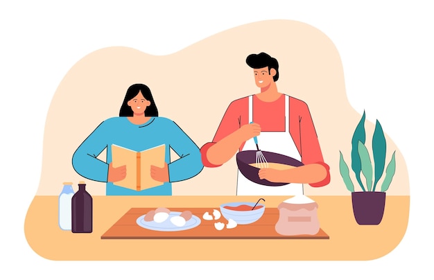 Vector friends or couple making food together in kitchen