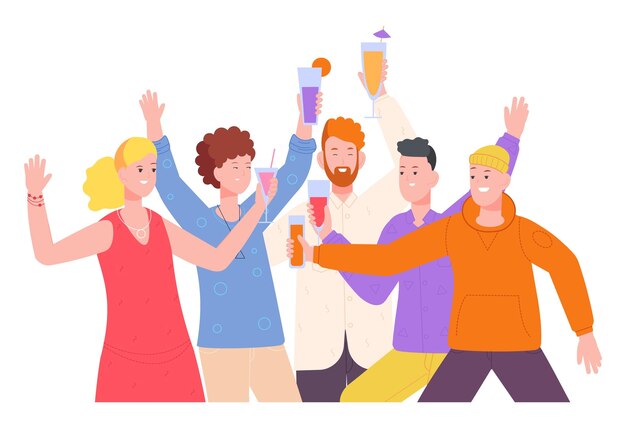 Friends drink alcohol people celebrate party say toast cheers and friendship boy and girl drinking booze cocktail together group young student teenager splendid vector