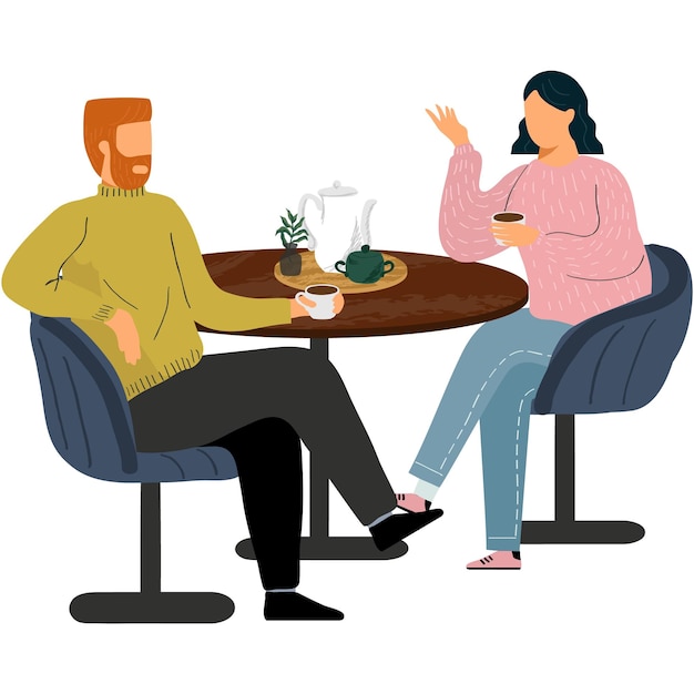 Друзья пьют чай, разговаривая в векторной иконе кафе