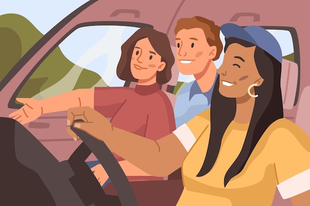 Vector friends driving in car trip or journey