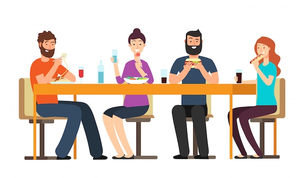 간식을 먹는 친구. 친절한 사람들 그룹은 레스토랑에서 책상에서 저녁 식사를합니다. 고립 된 만화 벡터 캐릭터