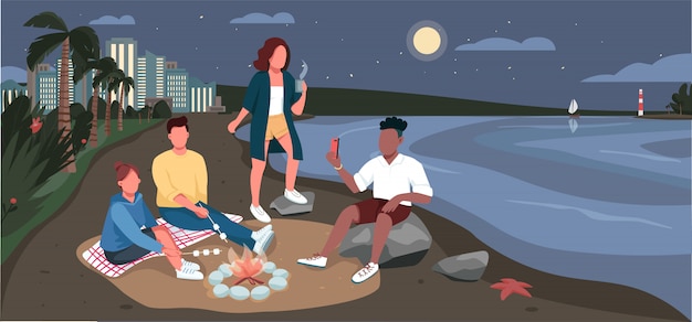 Friends evening picnic at sandy beach  color  illustration